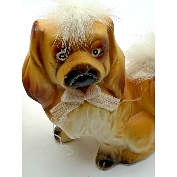 Vintage Pekingese Dog Figurines with Fur & Bow Made in Japan Set of 2 - Picture 7 of 12